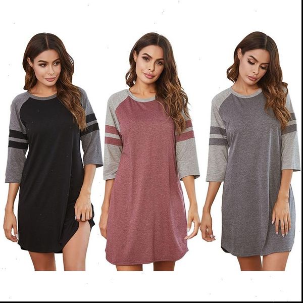 

cotton nightdress summer fashion women sleepwear casual round neck half sleeve stitching nightgown home wear, Black;red