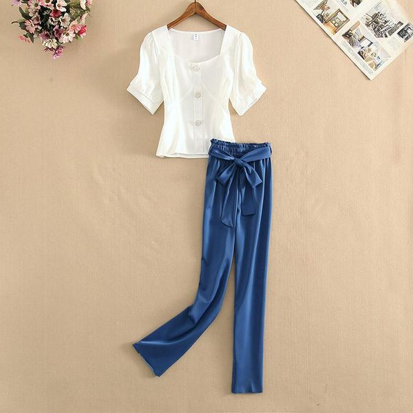 

women summer 2 piece set white short sleeve chiffon ruched blouse shirt & bow tie long pants suits office lady 2021 women's two