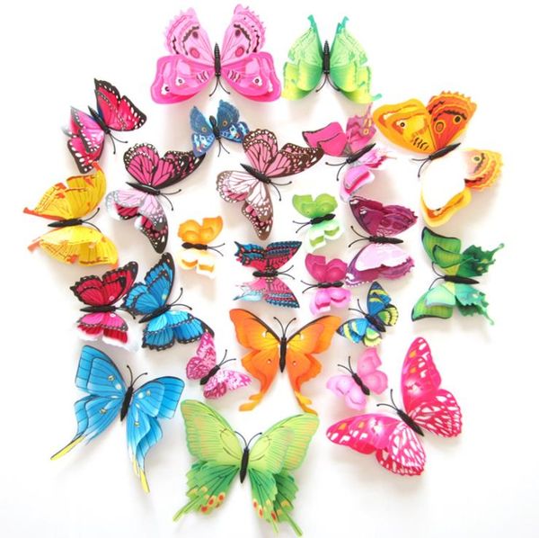 12 unidades/juego de pegatinas de pared de mariposa 3D, coloridas mariposas de doble ala, imán decorativo para nevera, decoración del hogar, decoraciones para habitación de niños