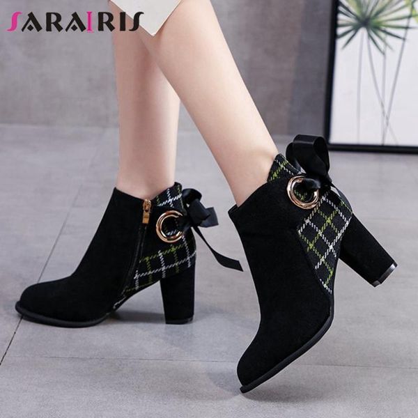 

boots sarairis fashion female 2021 elegant daily ankle women round toe square high heels riband plaid shoes woman, Black