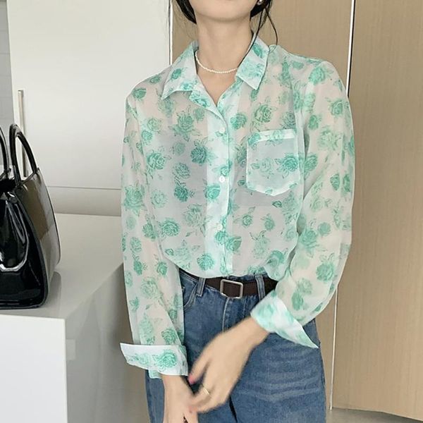 

women's blouses & shirts hzirip 2021 summer florals printed thin sunscreen ol all match retro femme streetwear loose basewear casual, White