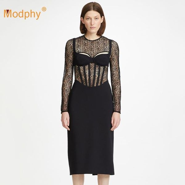 

autumn o-neck hollow backless lace stitching long sleeve bodycon bandage dress 2021 celebrity club party vestidos casual dresses, Black;gray