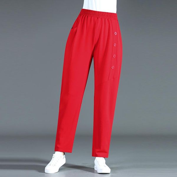 

spring autumn red gray black harem pant women casual high elastic waist four button design trouser female leisure bottom 5xl 4xl women', Black;white