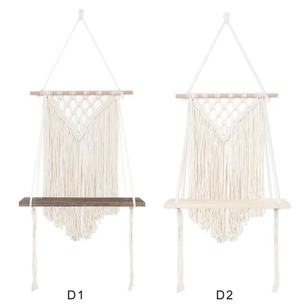 

hooks & rails handmade cotton rope woven tapestry wall hanging wooden shelf bohemian style plants display storage rack home decor