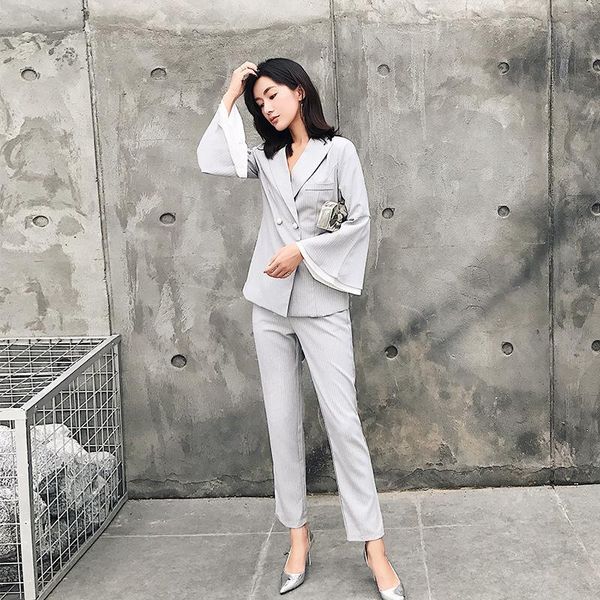 

women's suits & blazers suit female 2021 autumn temperament casual trumpet sleeves striped fashion small jacket + feet pants elegant tw, White;black