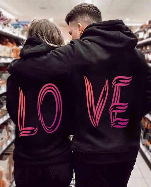 

lover hoodies sudaderas print love heart couple sweatshirt women men hooded clothes couples matching clothing set, Black