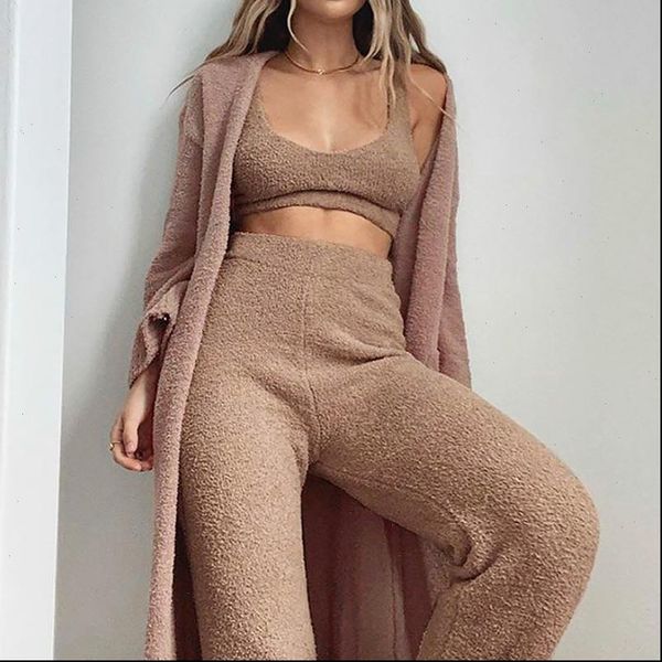 

women tracksuits autumn winter faux fur two piece set v neck vest elastic waist pants female fashion plush sleeveless cropped, Gray