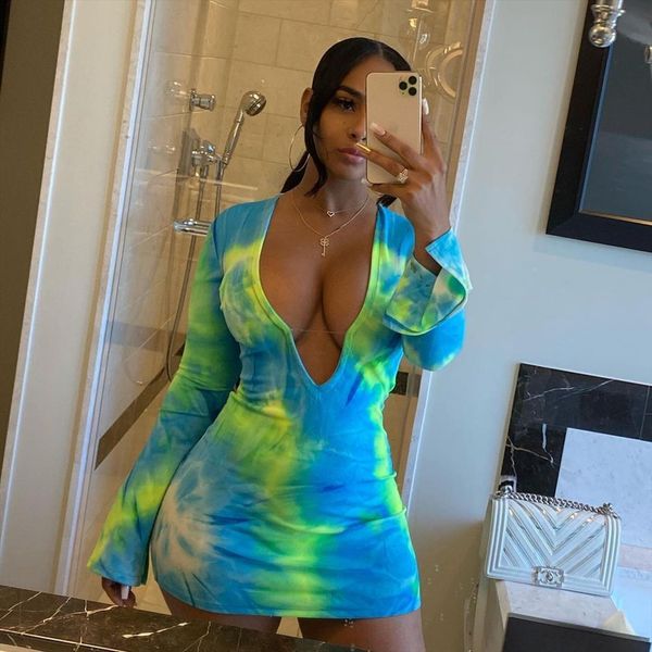 

deep v neck tie women dresses dye long flare sleeve bodycon mini y2k clothes woman club party wear, Black;gray