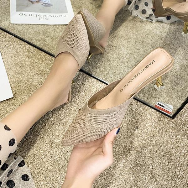 

slippers 2021 mules women slip on summer sandals pointed toe casual fashion shoes transparent and stiletto heels u24-16, Black