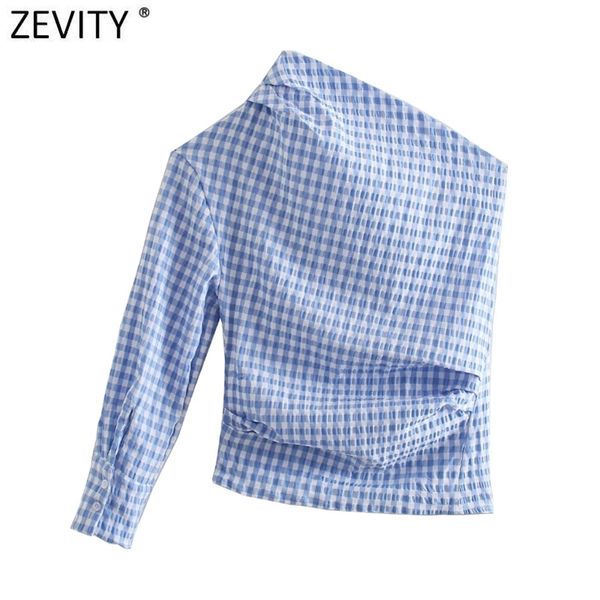 

women fashion asymmetrical pleated shirt lady plaid print irregular hem slim blouse roupas femininas chic blusas ls9200 210416, White