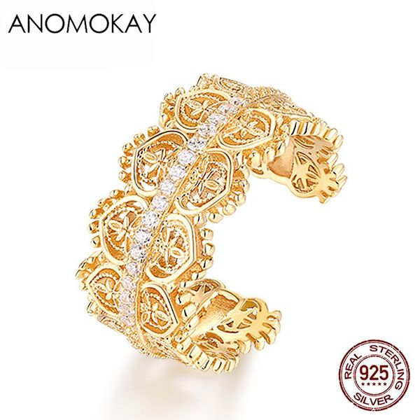 

cluster rings anomokay luxury white cz flower lace resizable gold color for wedding party gift 100% 925 sterling silver women ring, Golden;silver