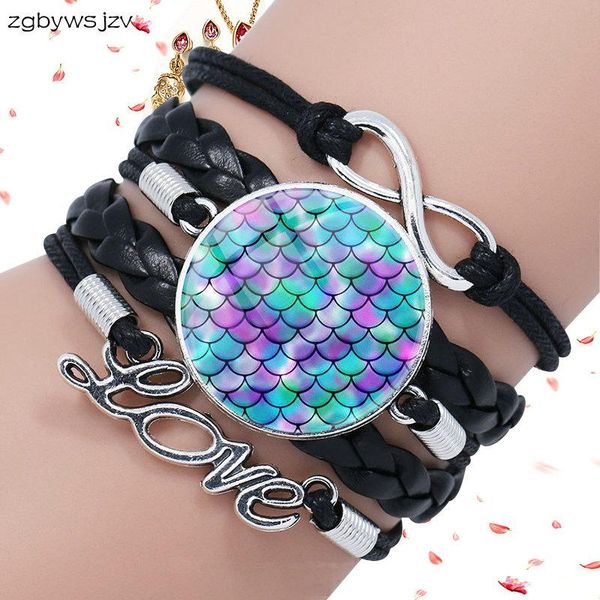 

glass cabochon multilayer black leather bracelet bangle for women kids gift rainbow scales mermaid charm bracelets, Golden;silver