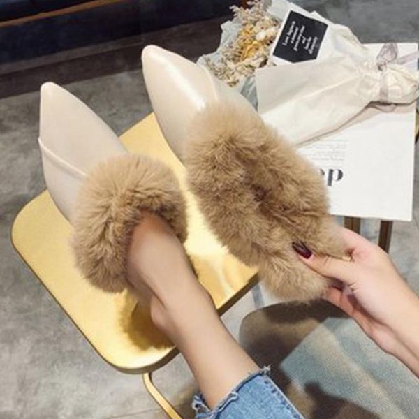 

women furry slippers autumn fashion pointed toe mules for woman ladies warm fur casual flats women's shoes female footwear, Black