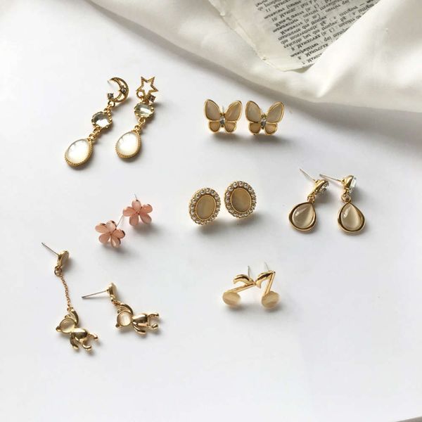 

earrings 925 silver needle cat's eye stone earrings korean temperament geometric square diamond net red simple earrings women, Golden