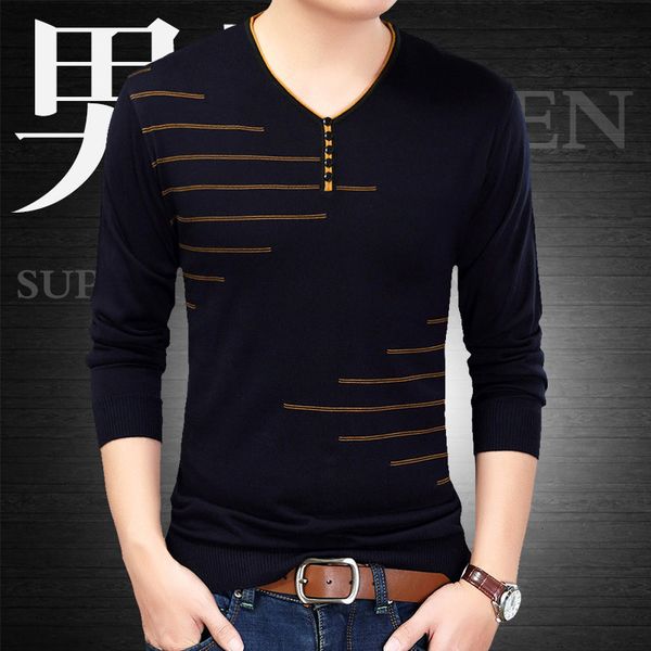 

spring 2021 korean leisure long sleeve knitted t-shirt v-neck fashion men's bottomed shirt trend, Black