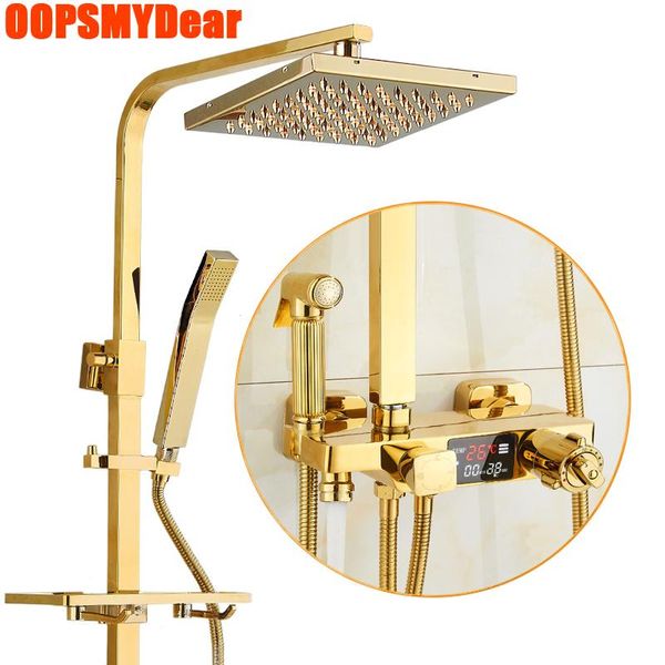 Set doccia per bagno Rubinetto per vasca in oro Sistema digitale termostatico Montaggio a parete Set quadrato in acciaio inossidabile Rubinetto per pioggia SPA