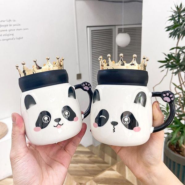 

cute cartoon panda crown ceramic mug with lid and heat preservation handle creative gifts student coffee mugs