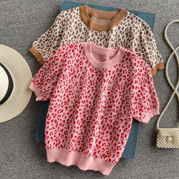 

summer hong kong style women sweater retro chic fashion loose wild leopard print short sleeved top, White;black