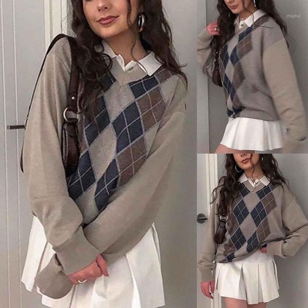 

autumn and winter women sweater cross-border light brown v-collar diamond knitted ladies blouse women's sweaters, White;black