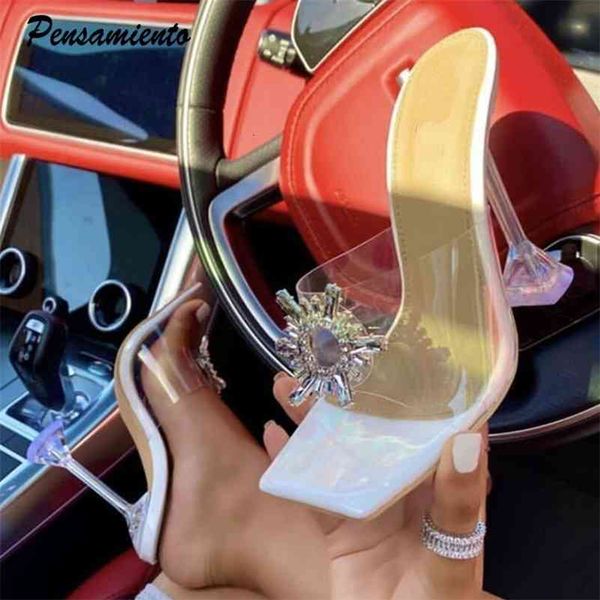 

style women slippers fashion rhinestones transparent high heels female outdoor slides crystal clear cup heeled summer mules 210310, Black
