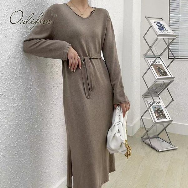 

casual dresses ordi2021 autumn winter women knitted dress long sleeve belted slit loose sweater, Black;gray