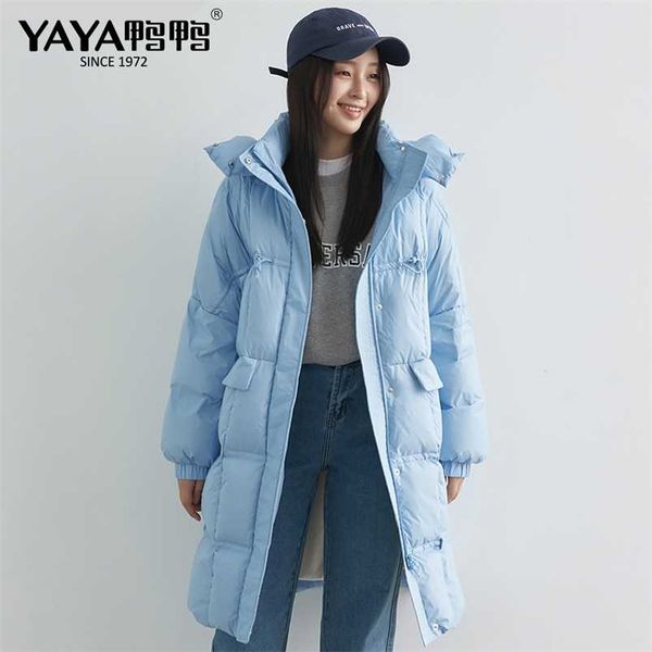 

yaya winter women's long hooded down coat 90% white duck down jacket thicken warm casual windproof outerwear 211215, Black