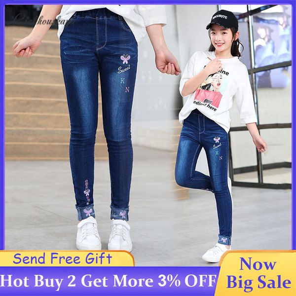

teen jeans girls casual slim jeans girls elastic waist jeans children spring autumn trousers girls cartoons pattern print, Blue