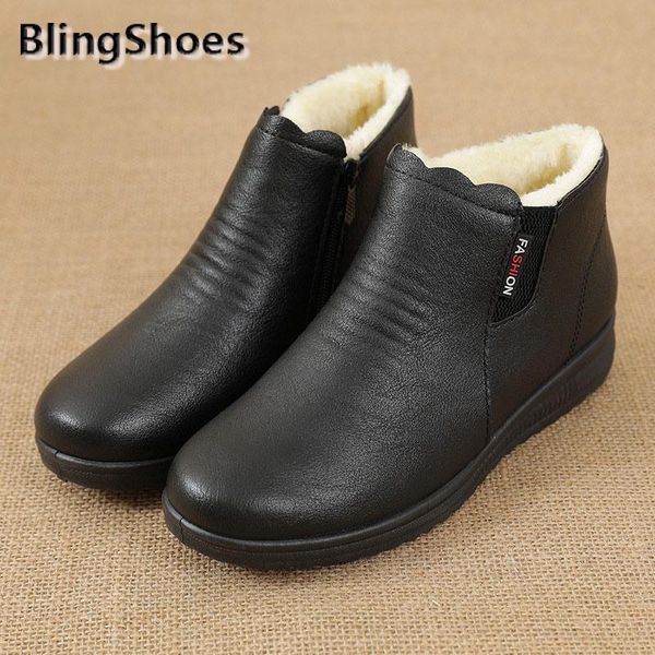 

boots 2021 winter ladies ankle plush warm pu leather cotton shoes zip snow fashion non-slip solid color women, Black