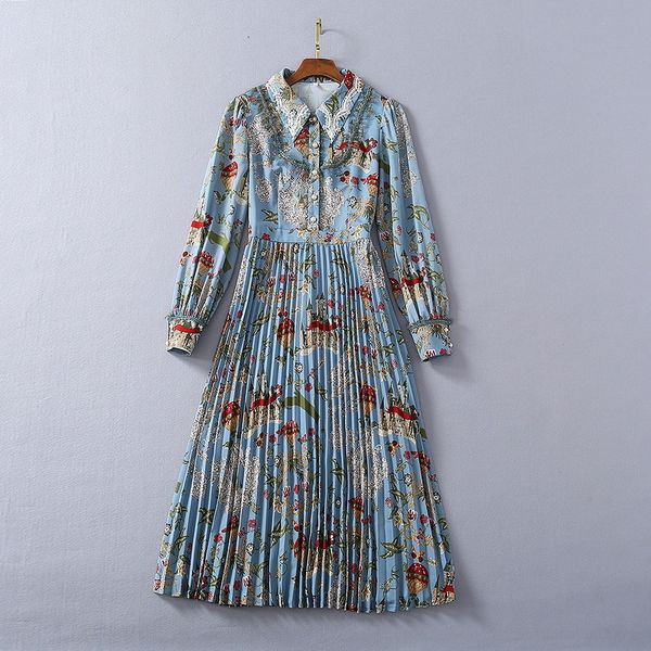 

dresses european and american women's clothing 2021 the spring long sleeve embroidered lapel print pleated fashion dress v5b8, Black;gray