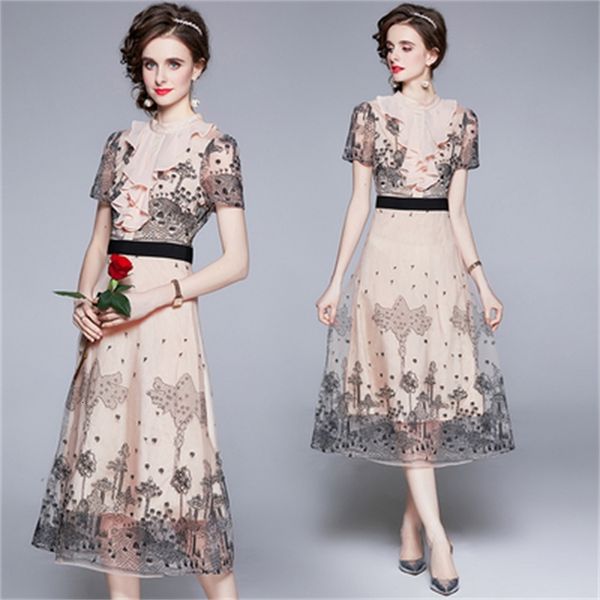 

casual dresses fashion runway summer women o-neck embroidery hollow out mesh midi ladies party sweet rrl4, Black;gray
