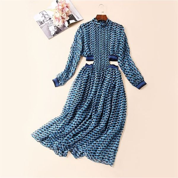 

twotwinstyle summer print dress for women stand collar long sleeve high waist hollow out midi dresses female fashion 2021 new, Black;gray