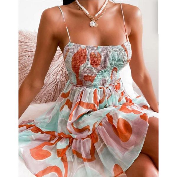

women's swimwear women sleeveless smocked dres adults summer tie up printed boat neck spaghetti strap sundress beach dress, White;black
