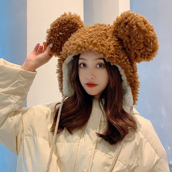 

visors lamb fur cute big bear ears pullover cap autumn and winter warm korean style all-matching earmuffs hat, Blue;gray