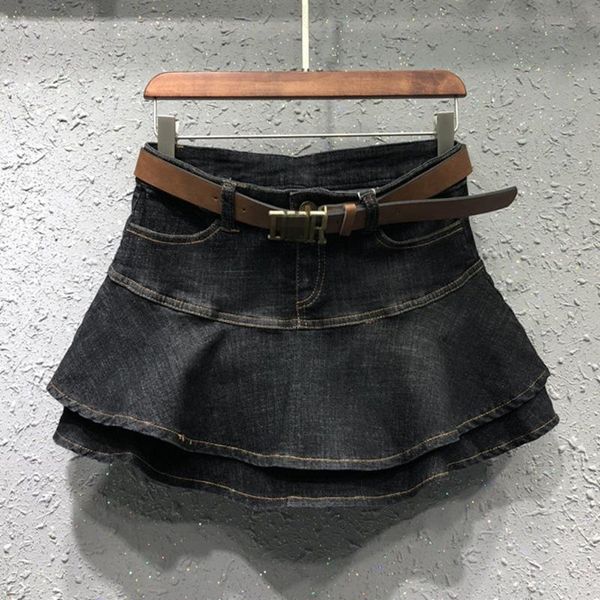

[ewq] denim skirt high waisted elastic anti light cake short solid casual style fashion tide 2021 summer gd866 skirts, Black