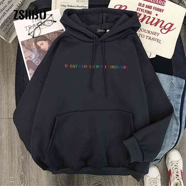 

winter casual treat people with kindness s-2xl fashion women hooded vintage ins punk letter hip hop sweatshirt 210803, Black