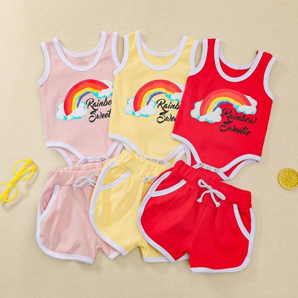 

clothing sets 2021 toddler girl clothes 0-18m born infant baby girls summer letter rainbow vest romper shorts outfits set meisjes kleding, White
