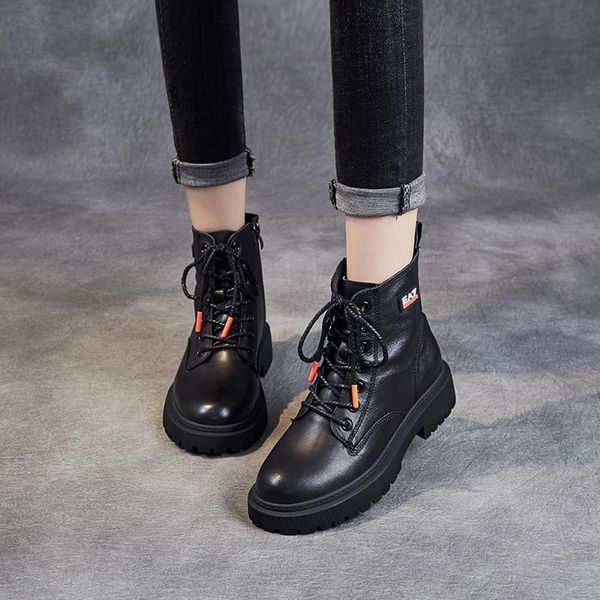 

boots platform motorcycle women's layer cowhide 2021 autumn winter warm plush lace-up ankle thick heel round toe woman, Black