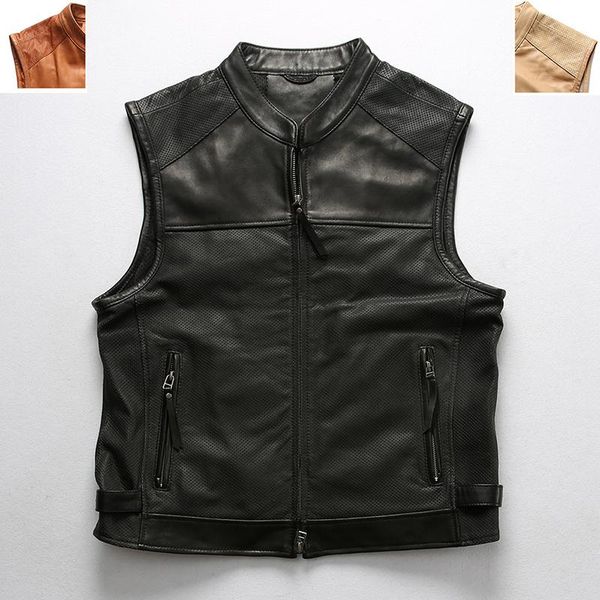 

men's vests cowhide vintage classic motorcycle biker sleeveless jacket genuine leather male vest, Black;white