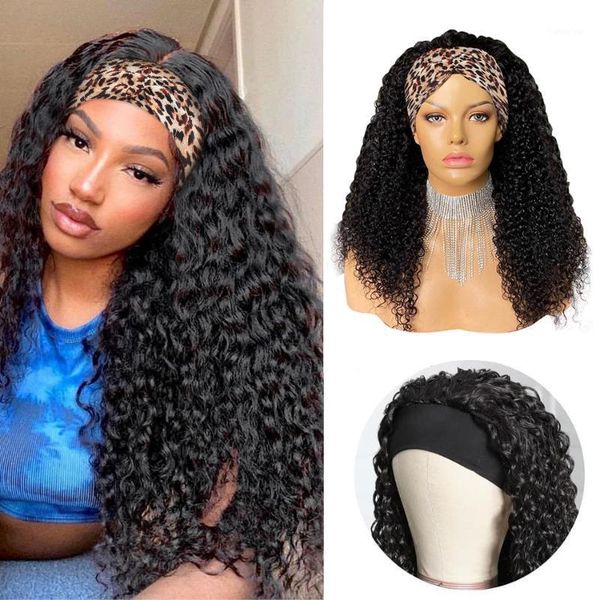 

kinky curly human hair wigs brazilian headband for women 150 density deep wave wig 8-30 inch 1, Black;brown
