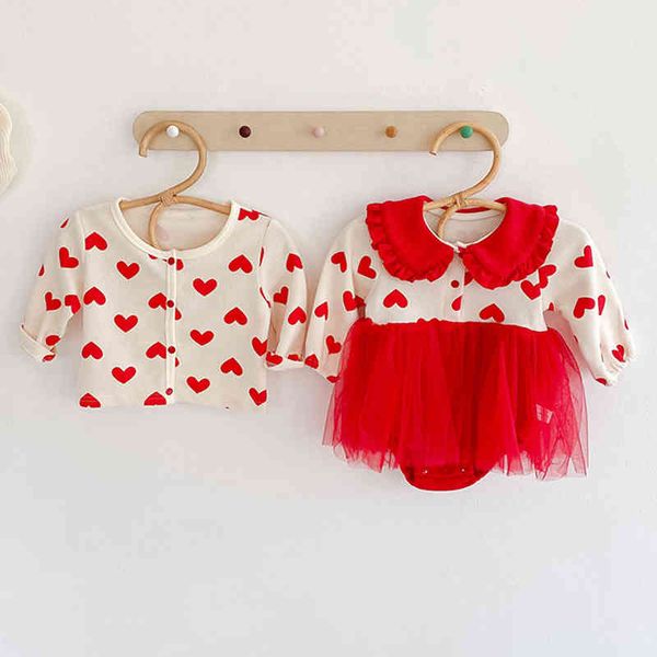 

autumn kids girl suit clothes infant baby girls long sleeve loving heart rompers + coat clothing sets 0-2yrs 210429, White