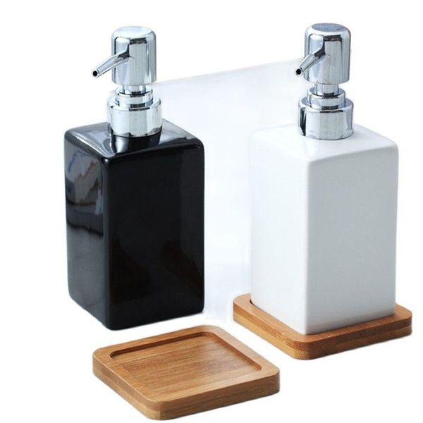 

bath accessory set 320ml ceramic soap dispenser with bamboo tray white black bottle el bathroom shower gel hand sanitizer