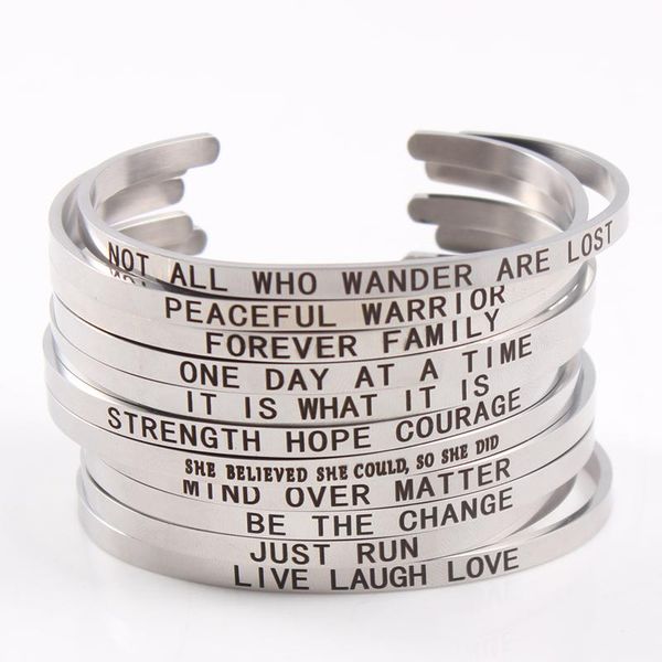 

bangle 2021 4mm bands stainless steel bar engraved positive inspirational quote cuff mantra bracelet for men luxury, Black