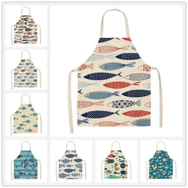

fish pattern kitchen aprons woman men kids cotton linen bibs home cooking bbq apron cleaning baking accessory 53*65cm wql0020