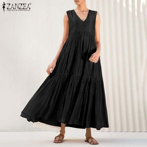 

casual dresses plus size bohemian solid ruffle dress women's summer sundress 2021 zanzea sleeveless tank vestidos female o neck robe, Black;gray