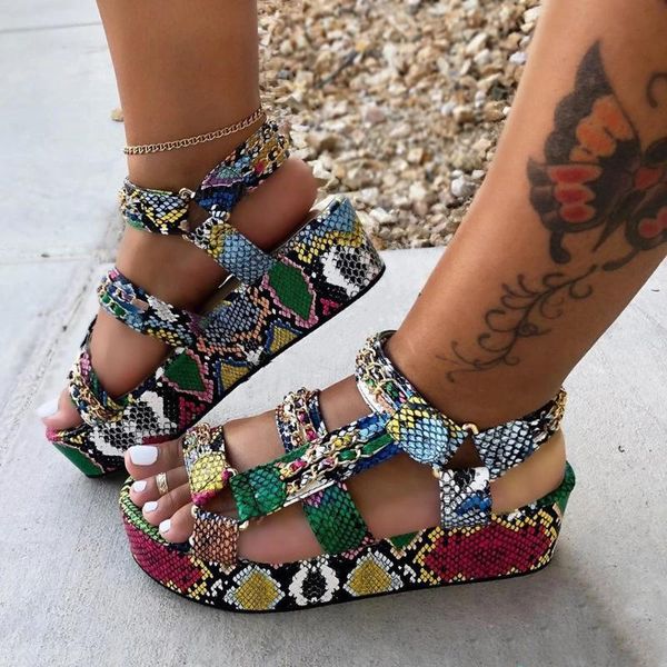 

women summer fashion multicolor snake prints platform sandals for woman strap open toe roman shoes sandalias mujer, Black