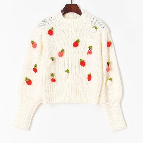 

women's sweaters 2021 autumn winter women sweater pullovers knit crop strawberry cherry appliques fashion white jumper jersey casual k, White;black