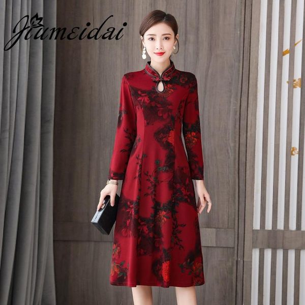 

casual dresses jiumeidai women autumn chinese style long dress lady elegant print female stand collar vintage party clothing plus size, Black;gray