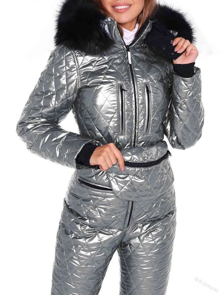 

luxury ski jumpsuit women winter upper dress bontkraag trim hooded snowsuit long mouwen onesie skiing jackets parka piece of skipak, Gray