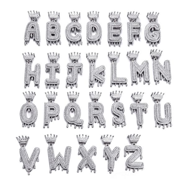 

hip hop iced out bling cubic a-z drip crown zircon letters necklaces & pendant for men jewelry with rope chain, Silver