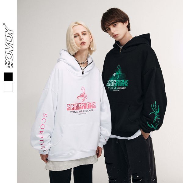 

wxwovdy 2021 autumn winter new fashion brand scorpion band theme printed loose hooded men's sweater, Black